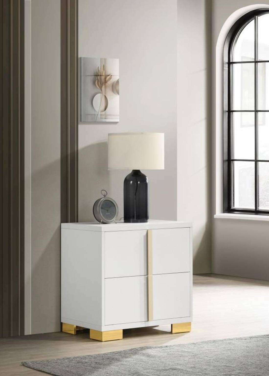 White and gold modern nightstand with two drawers – Marceline bedroom furniture