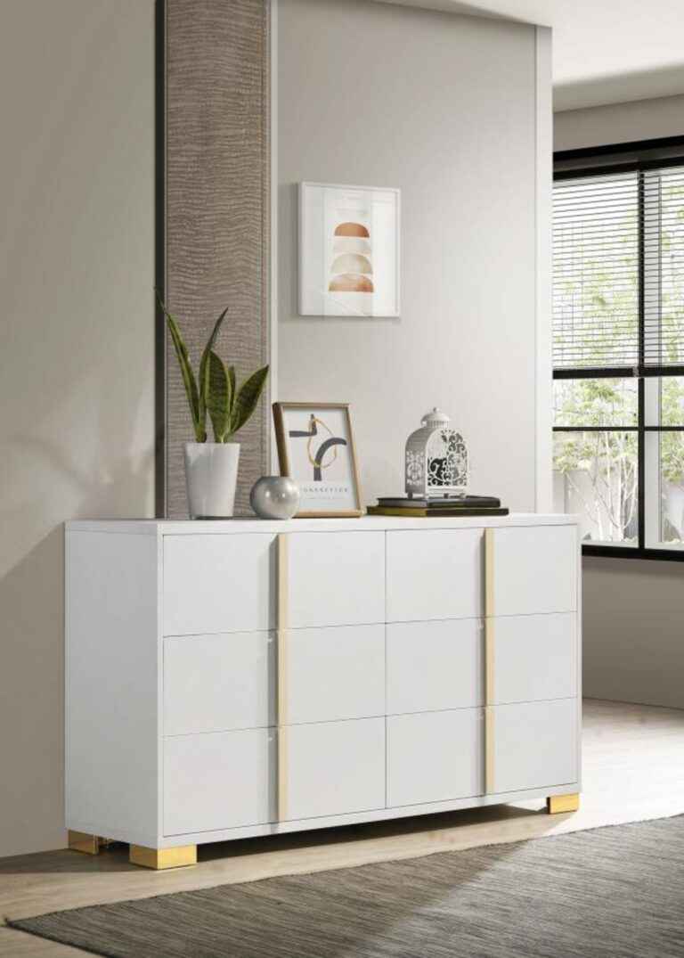 Modern white and gold dresser with six drawers – Marceline bedroom furniture Tampa