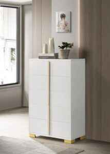 Marceline white and gold 5-drawer chest with modern vertical gold handles – glam bedroom furniture in Tampa