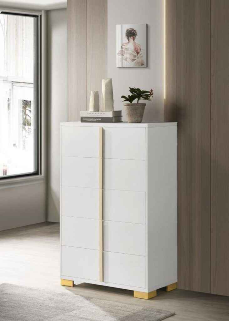 Marceline white and gold 5-drawer chest with modern vertical gold handles – glam bedroom furniture in Tampa