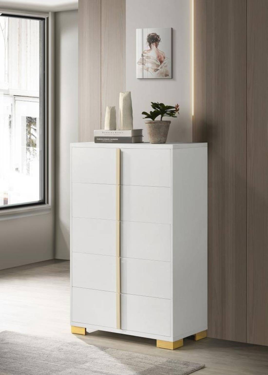 Marceline white and gold 5-drawer chest with modern vertical gold handles – glam bedroom furniture in Tampa