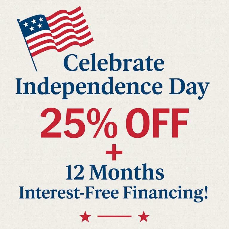 Modern furniture showroom in Tampa with 4th of July sale banner offering 25% off