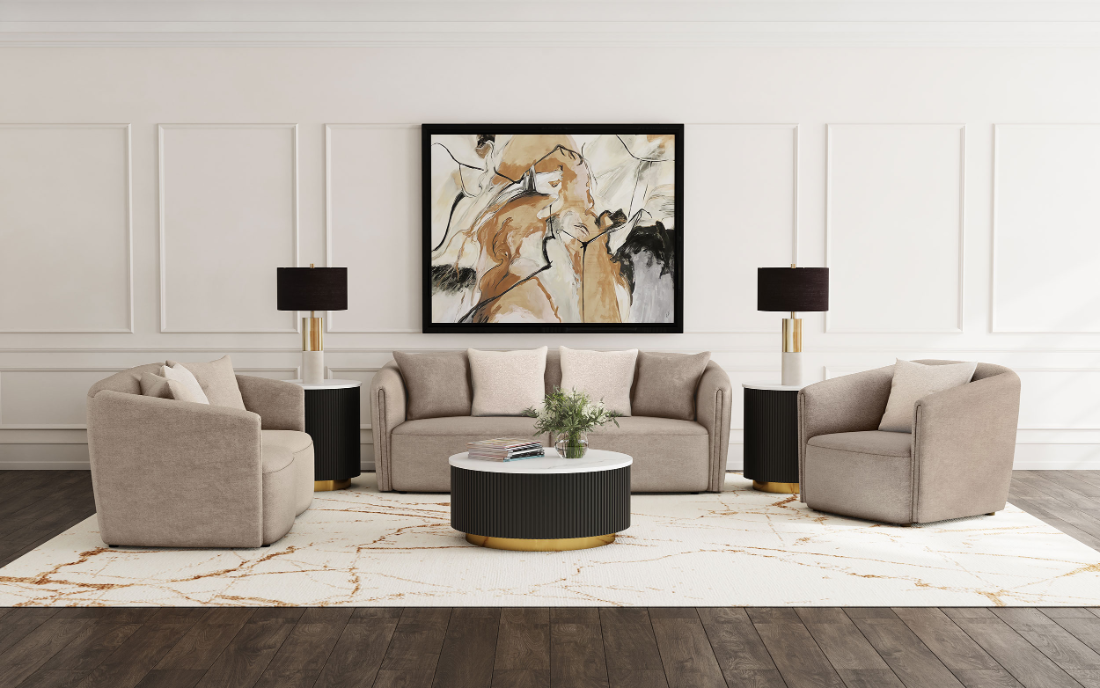 Townsend 3-piece chenille latte sofa set with sofa, loveseat, and armchair