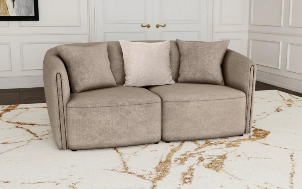 Townsend chenille rolled arm loveseat in latte with wave-patterned upholstery and accent pillows
