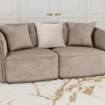 Townsend chenille rolled arm loveseat in latte with wave-patterned upholstery and accent pillows