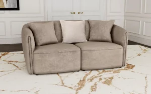Townsend chenille rolled arm loveseat in latte with wave-patterned upholstery and accent pillows