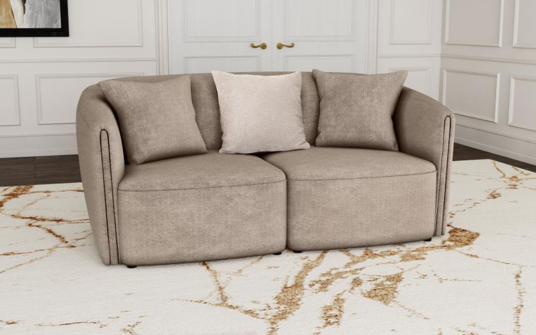 Townsend chenille rolled arm loveseat in latte with wave-patterned upholstery and accent pillows