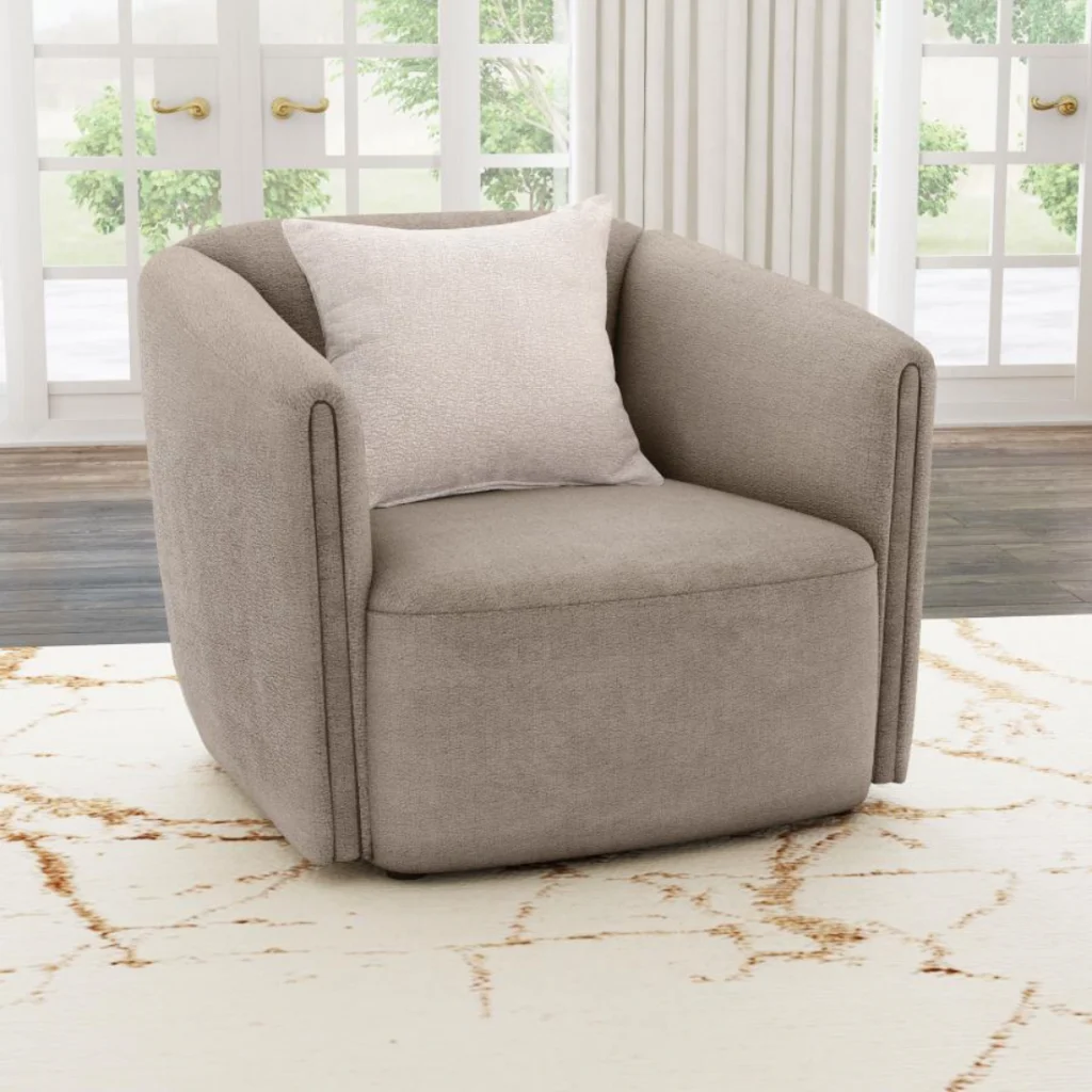 Townsend chenille rolled arm chair in latte with accent pillow and soft wave pattern