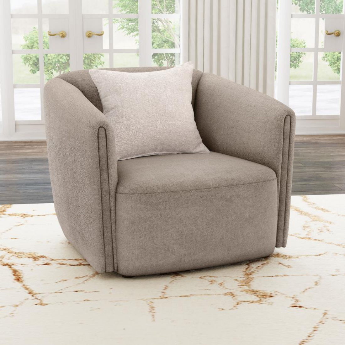Townsend chenille rolled arm chair in latte with accent pillow and soft wave pattern