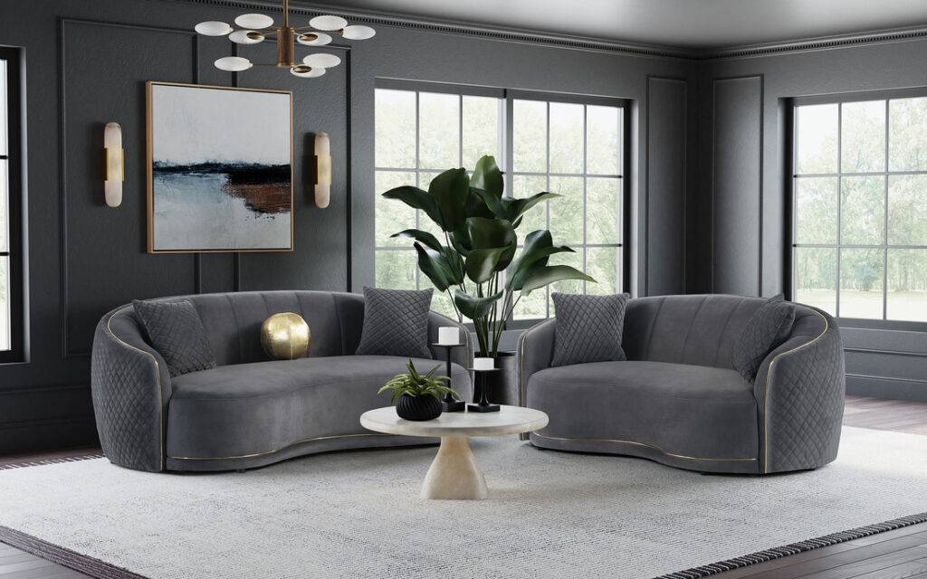 Brookside 2-Piece Gray Velvet Sofa Set with Gold Accents – Modern Contemporary Design