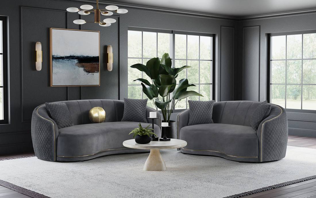 Brookside 2-Piece Gray Velvet Sofa Set with Gold Accents – Modern Contemporary Design