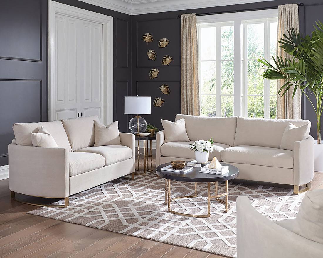 Corliss beige velvet sofa set with gold legs and curved arms