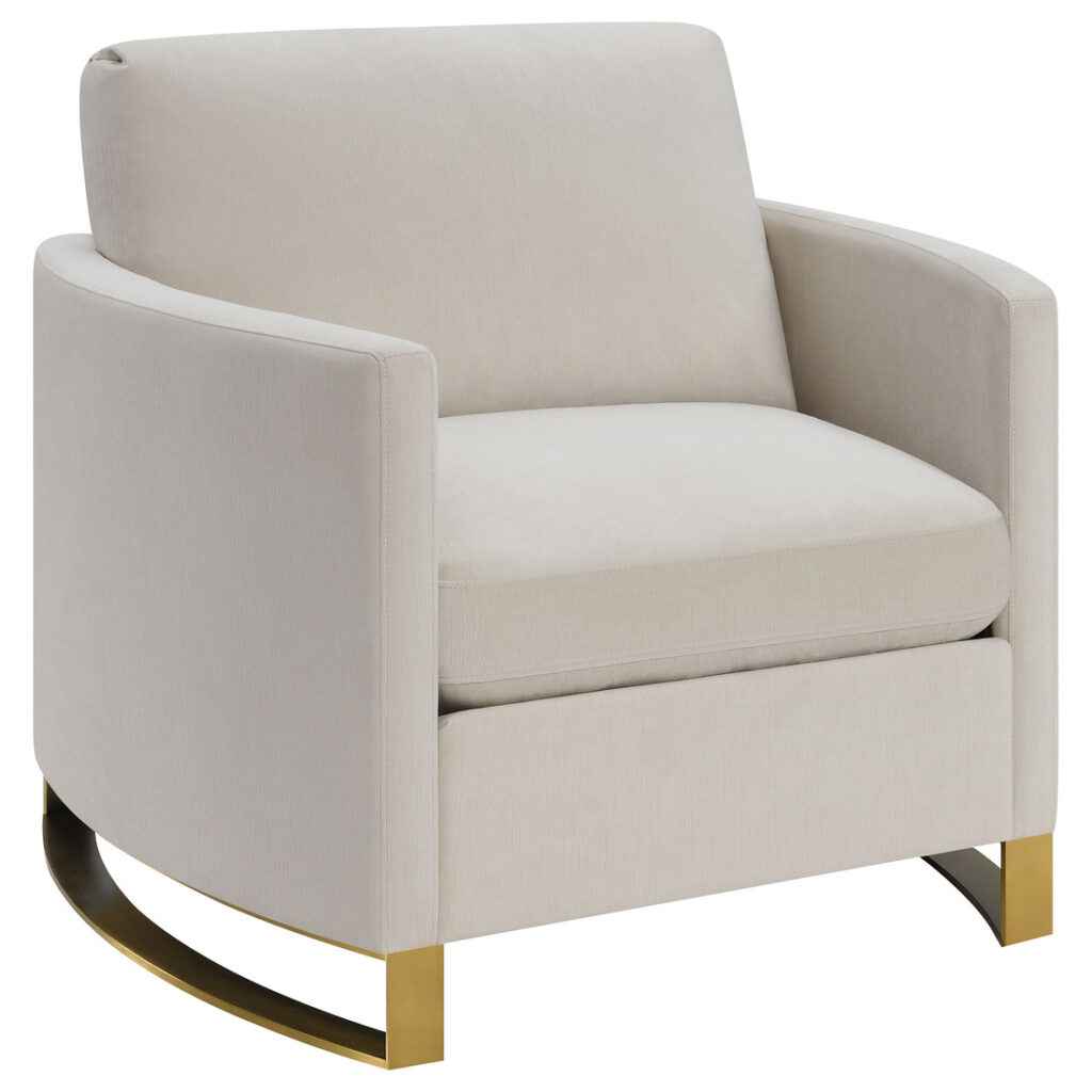 Corliss beige velvet accent armchair with curved arms and gold legs