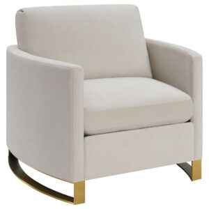 Corliss beige velvet accent armchair with curved arms and gold legs
