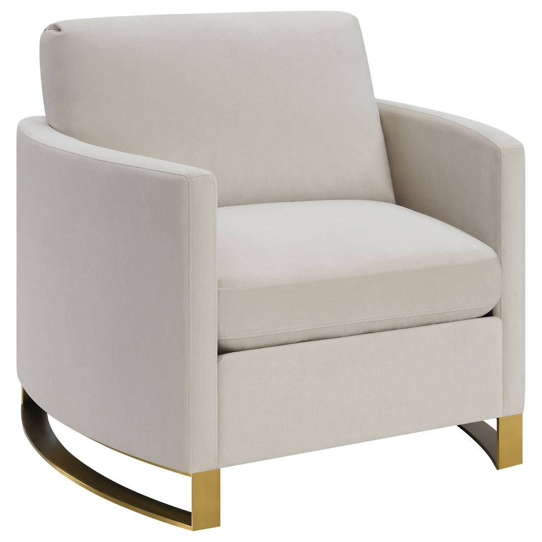 Corliss beige velvet accent armchair with curved arms and gold legs