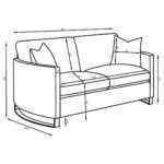 Corliss beige velvet loveseat with curved arms and gold legs dimesions