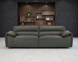 Sleek minimalist dark grey leather sofa with a low-profile design, perfect for high-end rent to own living room decor.
