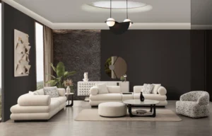 Spacious modern living room with a large white modular sectional sofa set and ottoman