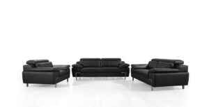 Divani Casa Grange 3-piece modern black leather sofa set with silver legs
