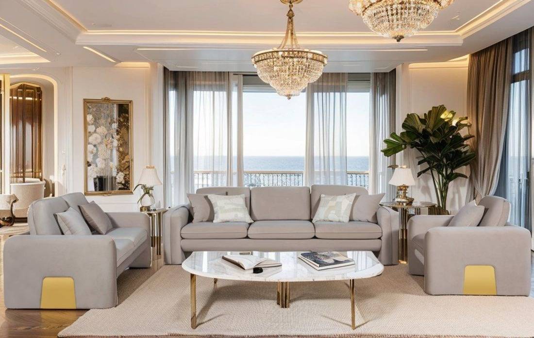 Gaston 3-piece taupe velvet sofa set with gold metal accents – includes sofa, loveseat, and armchair