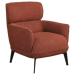 Side view of the orange arm chair with its rounded arms and padded seat.