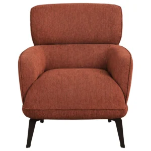 Modern orange accent chair with crescent arms and black metal legs, front view.