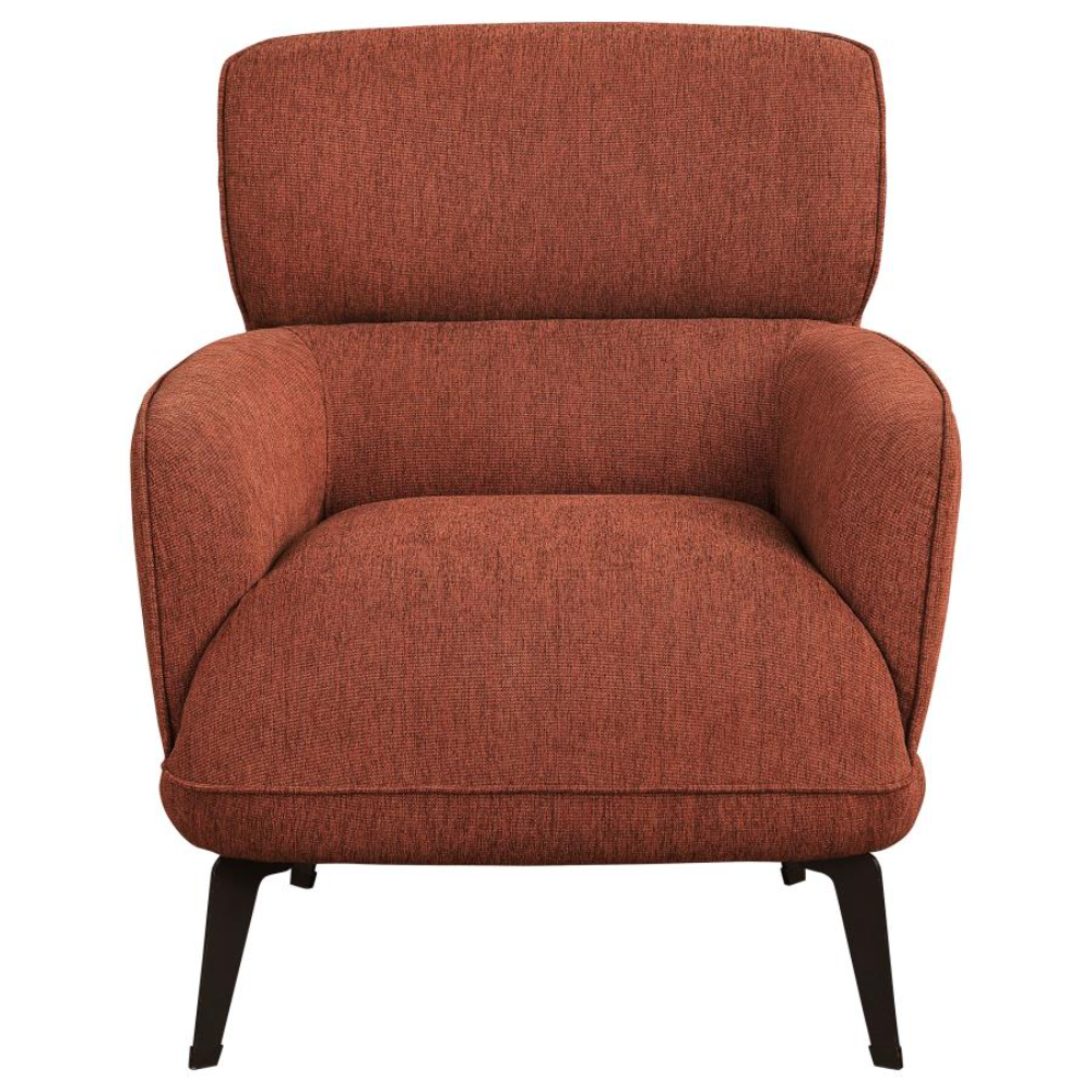 Modern orange accent chair with crescent arms and black metal legs, front view.