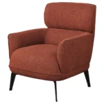 Close-up of the upholstered fabric and seam detail on the orange upholstered chair.