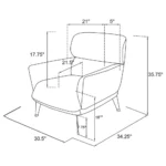 Technical diagram showing dimensions of the orange accent chair.