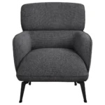 Modern grey accent chair with crescent arms and black metal legs, front view.