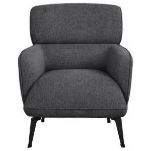 Modern grey accent chair with crescent arms and black metal legs, front view.