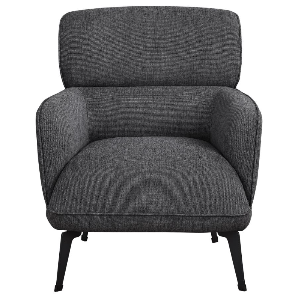 Modern grey accent chair with crescent arms and black metal legs, front view.