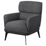 Angled view of a grey upholstered accent chair with crescent arms and black legs.
