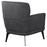 Full back view of the grey upholstered crescent arm accent chair.