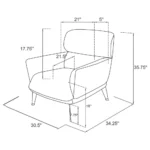 Dimensional drawing of the Andrea grey crescent arm accent chair with measurements.