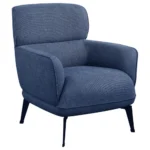 Front angled view of a blue accent chair with crescent arms.