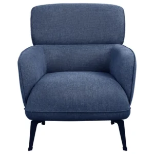 Front view of the modern blue upholstered arm chair.