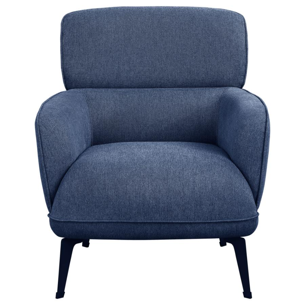 Front view of the modern blue upholstered arm chair.