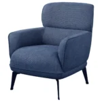 Angled side view of the blue accent chair with black legs.