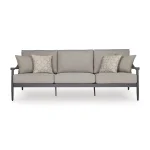 Front view of Akcay gray aluminum outdoor sofa with powder-coated frame, gray Nuvella cushions, and hexagon throw pillows on white background