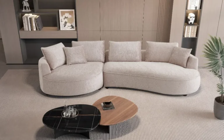 light brown fabric sectional sofa with left round chaise and curved arms in modern living room tampa bay