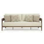 Front view of Amos 3 seater outdoor sofa with wood-look aluminum frame, cream cushions, and geometric textured throw pillows on white background