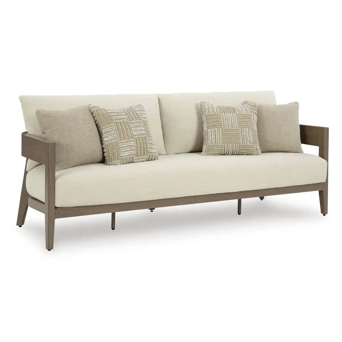 Three-quarter angle view of Amos outdoor sofa showing wood-look armrest, cream cushion depth, and decorative throw pillows