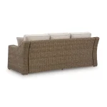 Back and side view of Antalya outdoor sofa showing detailed brown resin wicker weaving and powder-coated aluminum frame construction
