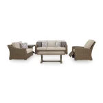 Antalya beige outdoor sofa collection featuring 3-seater sofa, loveseat, swivel chair, coffee table and end table on white background