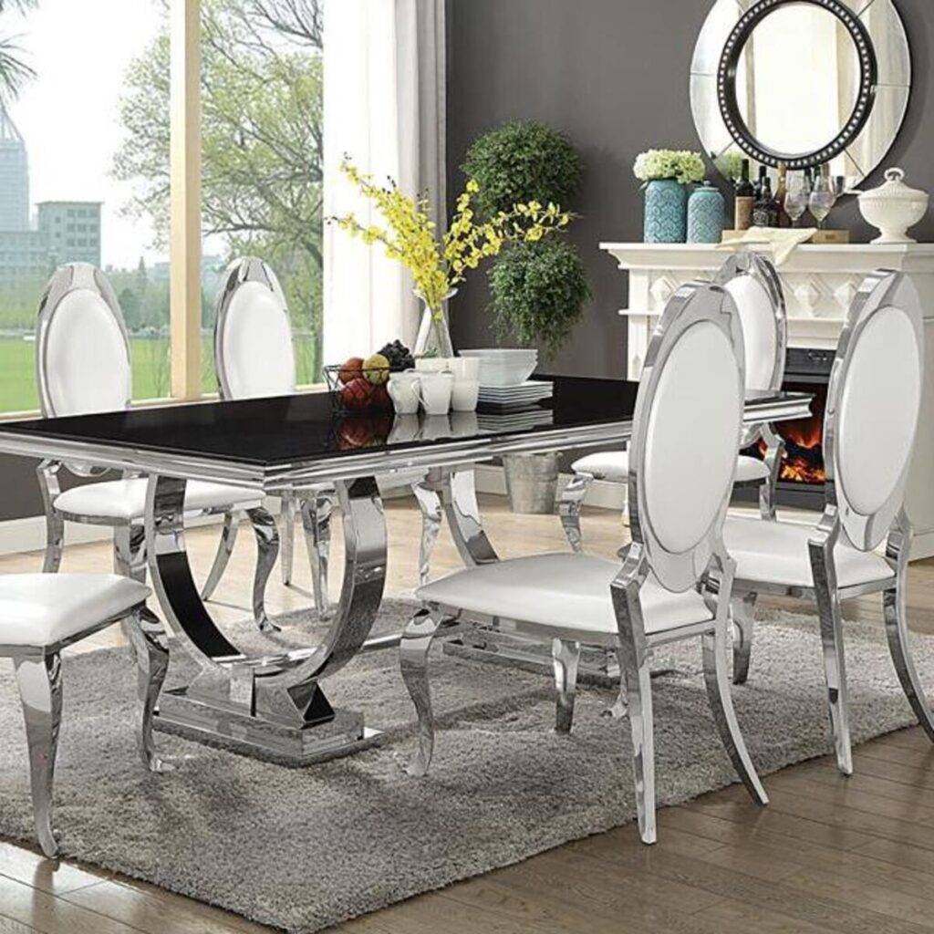 Antoine 7-piece Rectangular Glass Top Dining Set with Creamy White Upholstered Chairs