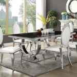 Antoine 7-piece Rectangular Glass Top Dining Set with Creamy White Upholstered Chairs