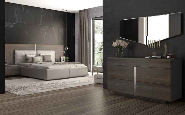 Elegant bedroom set with gold detailing and a sophisticated classic design.
