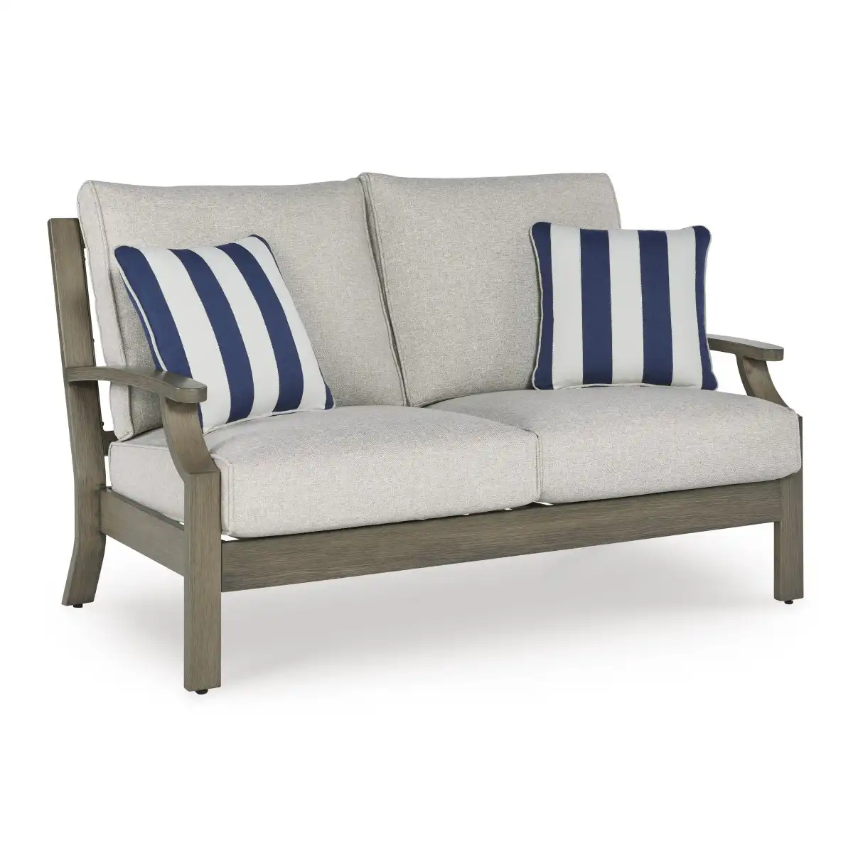 Three-quarter angle view of Milas beige aluminum outdoor loveseat with wood-look frame and blue striped pillows