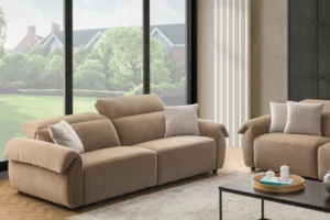 Beige power reclining loveseat, perfect for small living room spaces